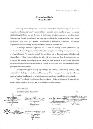Listy związkowców z kopalni Makoszowy z prezydenta i premier
