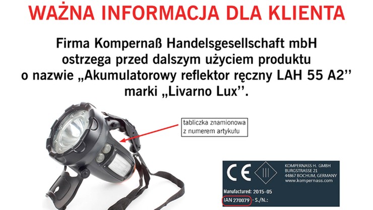 Lidl apeluje o zwrot reflektora. Może wybuchnąć