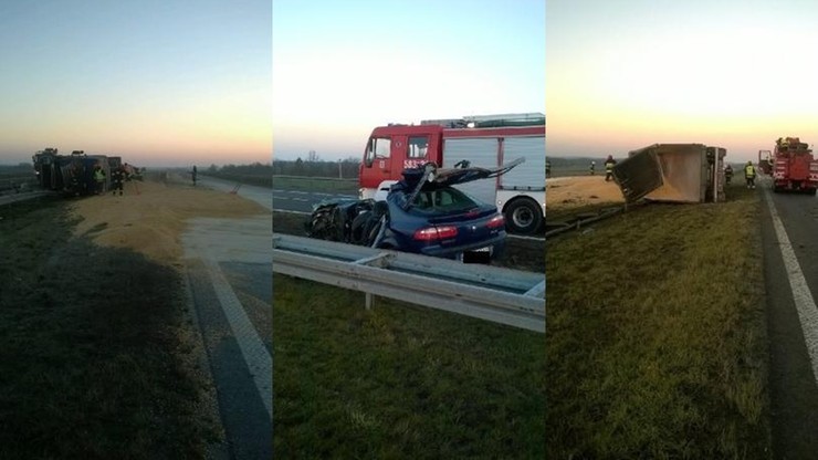 Jechał bez świateł, pod prąd autostradą A2. Zderzył się z TiR-em