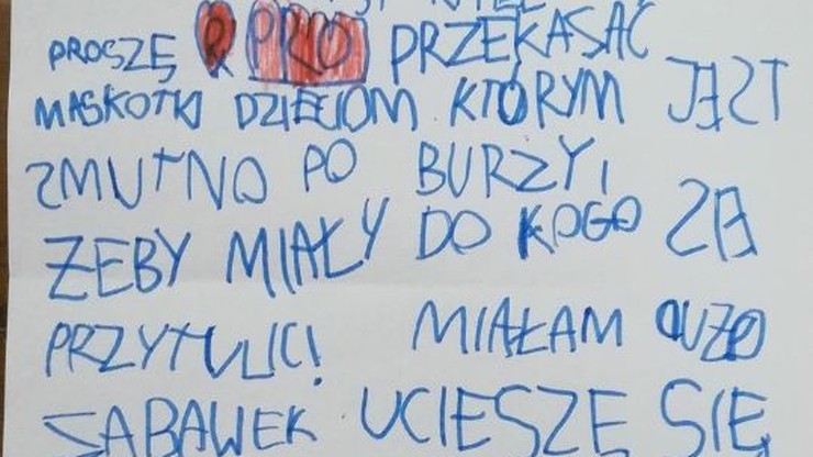 Wzruszający list 6-letniej Oli. "Proszę przekazać maskotki dzieciom, którym smutno po burzy"
